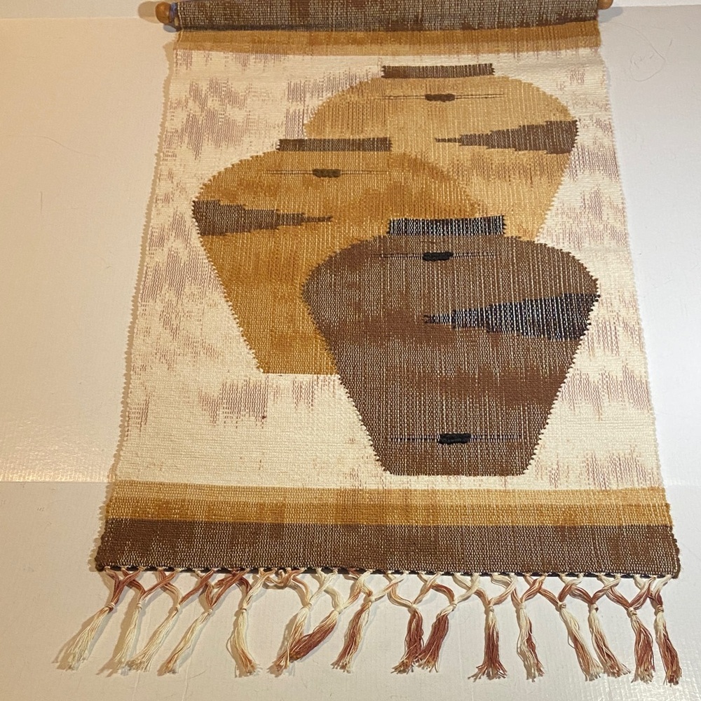 Vintage Southwestern Pueblo Pots Brown and Tan Woven Wool Wall Hanging